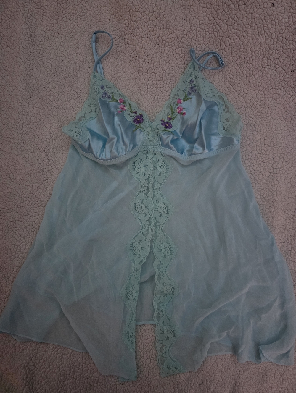 Secret Treasures Light Blue Sheer Lace Chemise with Floral Accents